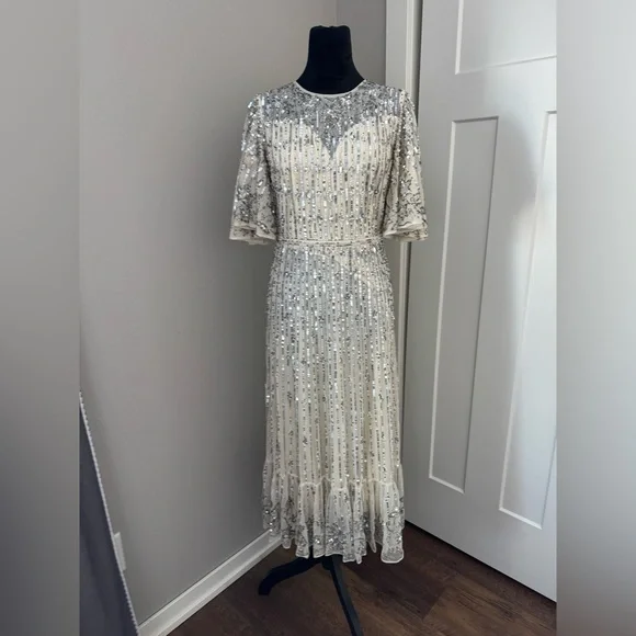 New Mac Duggal Silver Flounce Sleeve Midi Dress 5579 Size 4 - Picture 4 of 11